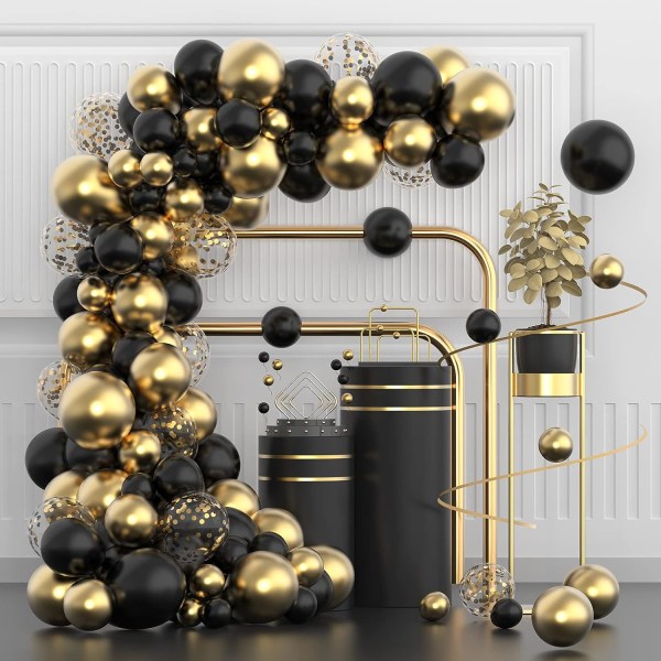 Svart guld ballonger Garland Kit, 100 st svart guld metallisk krom