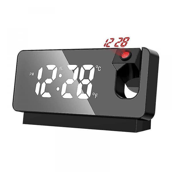 LED-speilprojeksjonsvekkerklokke termometer digital rotert display USB svart