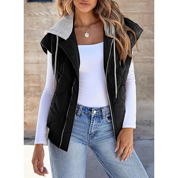 (M) Huvad Vinterväst Kvinnor Zip Up Ärmlös Quiltat Västar med Fickor