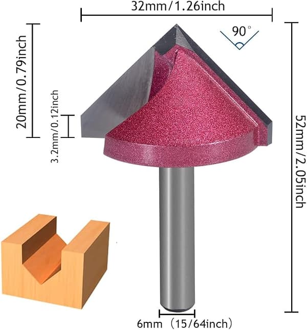 3D V-formet CNC Fræsemaskine, 32mm x 90 Grader (CED x Grader), 6mm