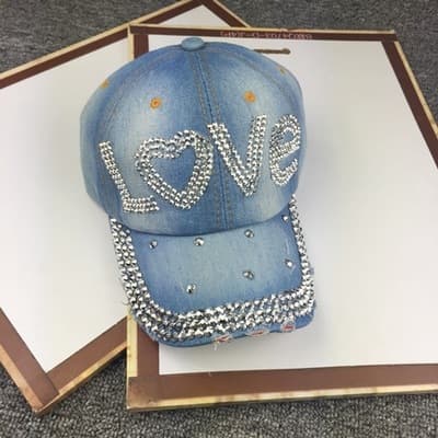 Rhinestone Bling Love Baseball Peaked Cap Adjustable Hat, 1pc-light blue