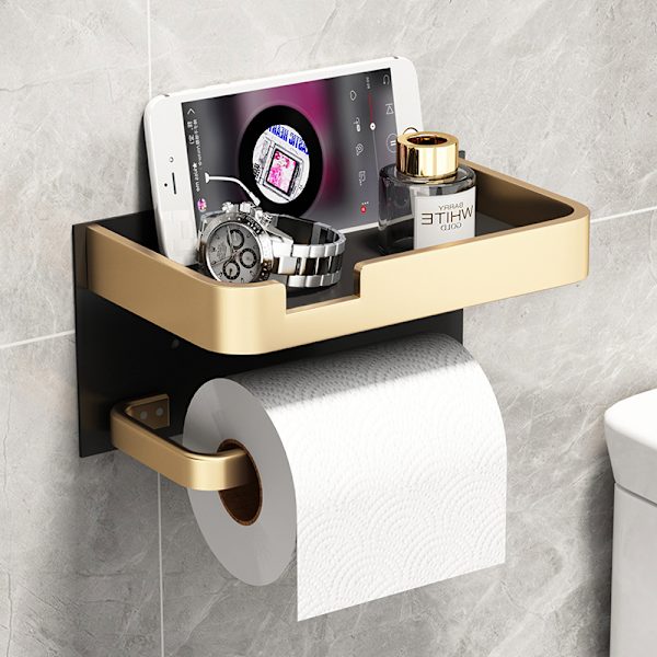 Seinään kiinnitettävä wc-paperiteline puhelinhyllyllä, moderni kulta-musta liimautuva wc-paperirullan pidike kylpyhuoneeseen
