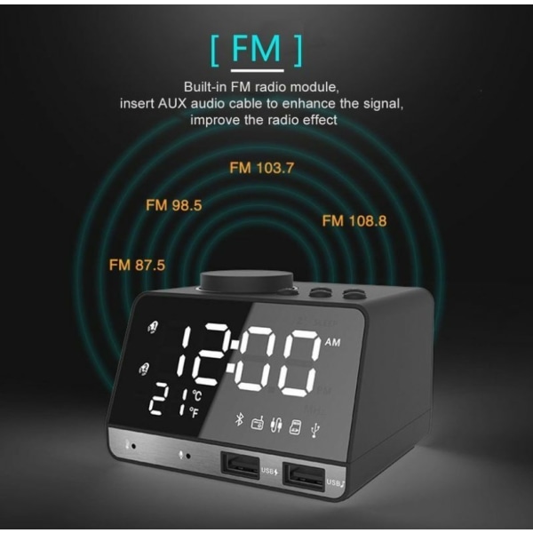 LED Dobbelt Alarmur Spejl Ur Radio Højttaler til Badeværelse Bas Trådløs