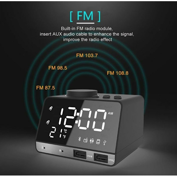 LED Dubbel Alarmklocka Spegelklocka Radiohögtalare för Badrum Bas Trådlös
