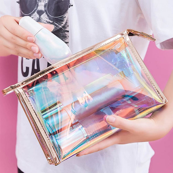 2 stk. Holografisk Makeup Taske, Gennemsigtig PVC Makeup Taske Iridescent Pung Bærbar Lynlås