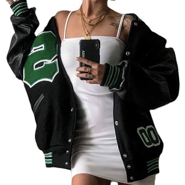 Dame Womans Frakk Bomber Frakker Brev Trykk Baseball Jakke Str