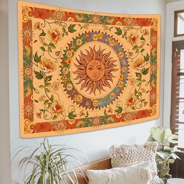 Gul Sol og Måne Gobelin Hippie Indie Gobeliner Boho Orange