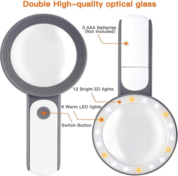 30X Lighted Reading Magnifier，Large Handheld Magnifying Glass wit