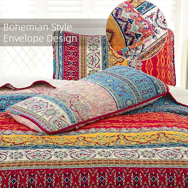 Bohemian Quiltet Sengetæppe Dobbelt 3-delt Patchwork Vendevendbart Dyne Blødt
