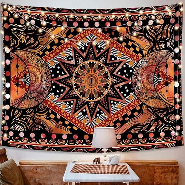 Orange Sun and Moon Tapestry Väggbonad, Indie Hippie Mandala C