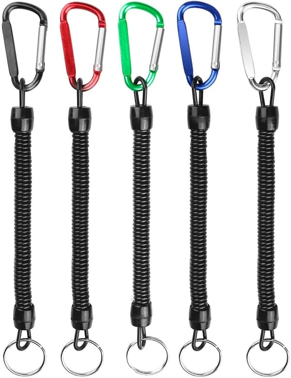 5 st förlängningsbara nyckelringar med lång bungee-sladd med D-karbinhake