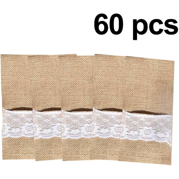 60 kappaleen sarjasetti Burlap Lace -astiapidikkeet - Pöytähopeille, veitsille ja haarukoille V