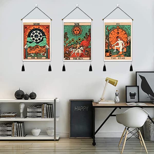 Set av 3 Tarot-vävnader - Stjärnans och solens måne - Medeltida väggvävnad - Mystisk väggdekor för sovrum