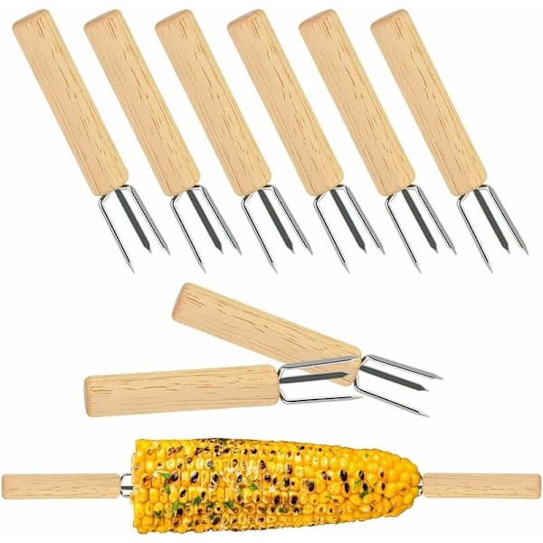 Fruktgaffel 3-tannet Maissteker med treskaft Rustfritt Maissteker Grillspyd BBQ Skarpe Maissteker for fruktgrønnsak Maiskolbe BBQ 10 X 1,5 cm 8 stk