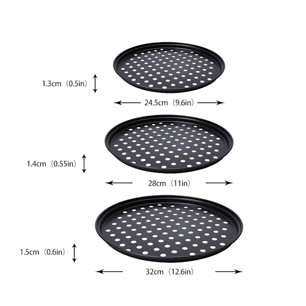 3 stk Runde Pizza Bageplader Non-Stick med Perforerede Huller - 24cm, 28cm, 32cm - Kulstofstål Pizza Pan til Hjemmekøkkenovn (3 stk)