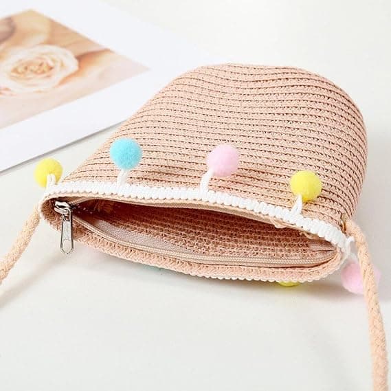 Dinntty Barn Solhatt Halm Väska Set Söt Bred Brätte Strandhatt Pompom Hatt
