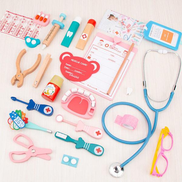 Medicinsk väska barn träleksak lekdoktor set, medicinsk väska rollspel klassisk leksak simulering
