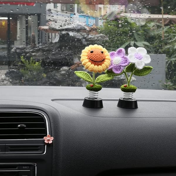 Solros Bilinstrumentbräda Dekorationer, Instrumentbräda Bobbleheads Stickade Blommor