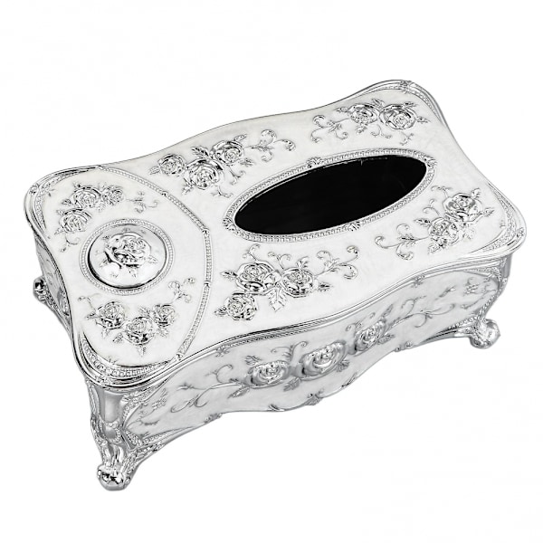 Kudoksen kotelo 3D-ruusun kuviolla, elegantti muotoilu, hammastikkupaikka, perheelle, toimistolle, juhliin, hopeavalkoinen