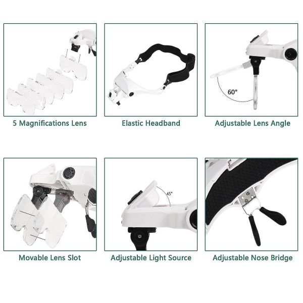 Hands Free Förstoringsglasögon Med 2 Led-Ljus 5 Utbytbara Linser 1.0x Till 3.5x