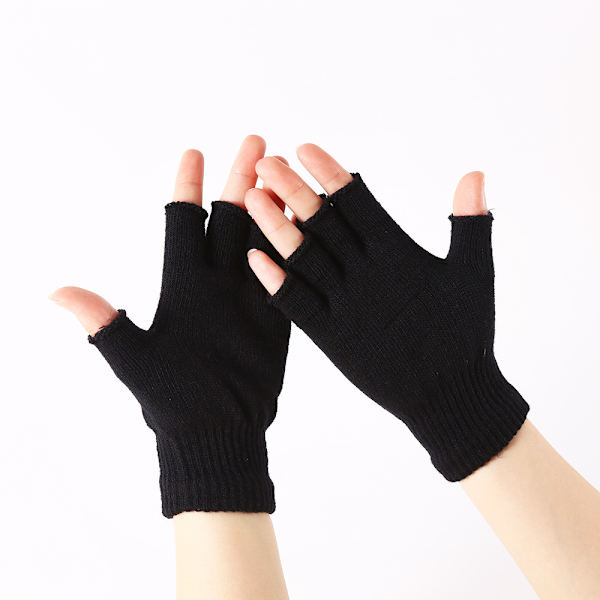 Dame Vinter Halvfinger Handsker Varme Strikket Fingerløse Handsker, Sort