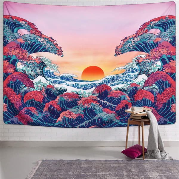 Tapestry Sunset tapestry 3D stor våg tapestry japansk rumstapes