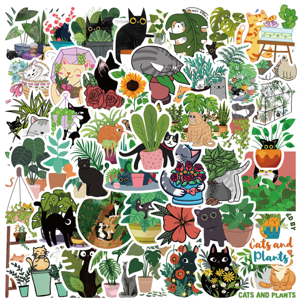 50 Pcs Green Plants and Cute Cat Stickers Aesthetic Cat Waterproof Stickers Cute