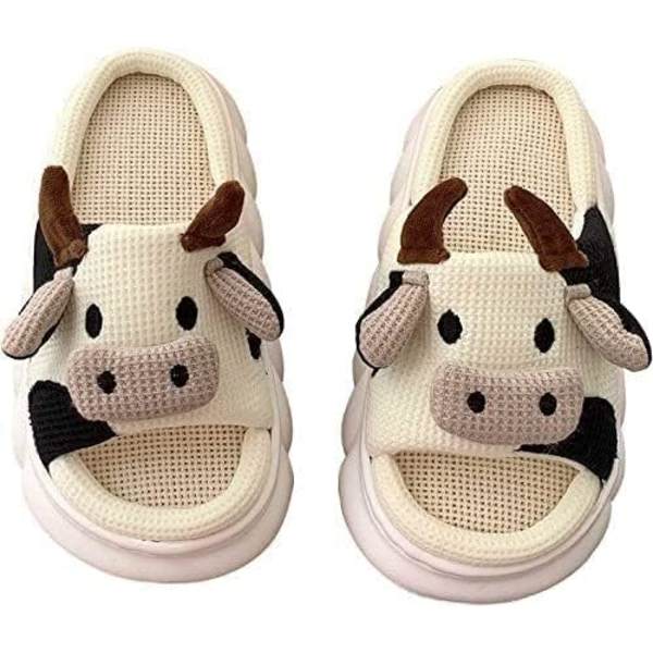 Söta tecknade koslippers Anit-Slip Hemtofflor Inomhus Mjuk Tjock Sula Bekväm Djur Mute Ko Linne Slides Dam Slip on Skor (Storlek: 38-39)