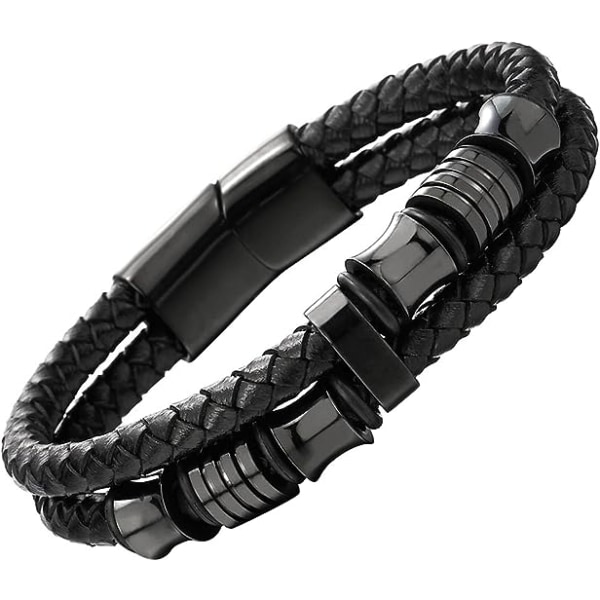 Herre dobbelt række sort flettet læderarmbånd bangle armbånd med sorte rustfrie stål ornamenter