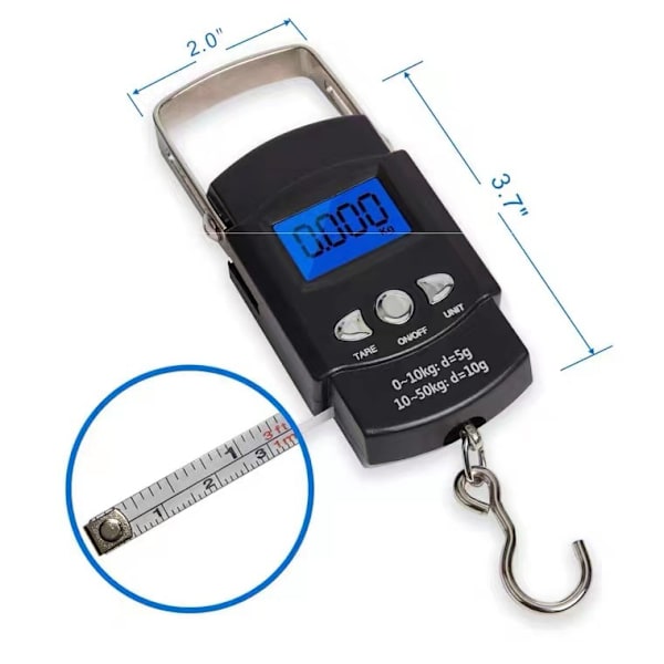 Elektroninen taustavalaistu LCD-näyttö digitaalinen ripustusvaaka postikalastukseen ripustuskoukulla ja mittanauhalla, 110 lbs / 50 kg