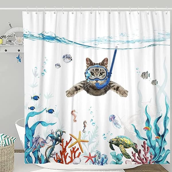 Suojusverho 90 x 180cm Sukeltava Kissa Valtameri Painettu Vedenpitävä Lepakko