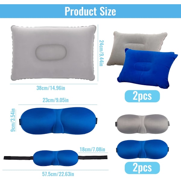 2 stk. Campingpute, Oppblåsbar Strandpute med 2 stk. 3D Sovemaske, Ultralett Oppblåsbar Reisepute, for Kontor, Strand, Camping, Reise