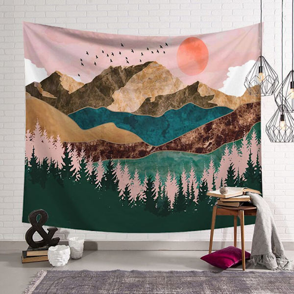 Solnedgång Väggbonad Skogsträd Tapet Berg Vägg Hängande Psykedelisk Natur Landskap Tapet Dekoration för Sovrum Vardagsrum, Färgglad, 130cmx150cm,1st