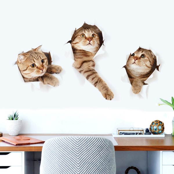 3PCS 3D veggklistremer katter selvklebende, barneromsdekor/fjernet vinylkunst M