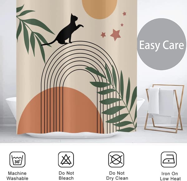 Boho Duschdraperi 180x180, Mid Century Abstrakt Svart Katt Grönt Blad Båge