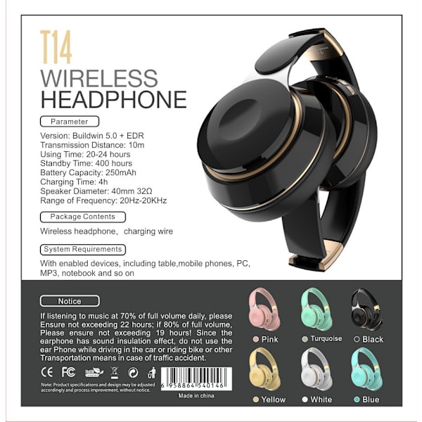 1 kpl vaaleanpunainen T14 Bluetooth-kuulokkeet langattomat musiikkikuulokkeet Fitness-urheilu Macaron-lahjat Bluetooth-kuulokkeet