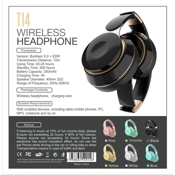 1 stk. blå T14 Bluetooth-hodetelefoner over-ear trådløse musikkhodetelefoner Fitness sport Macaron-gaver Bluetooth-hodetelefoner
