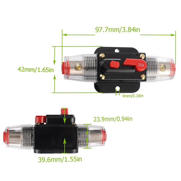 30A Strømafbryderkontakt 30 AMP Sikring Inline Holder 12V-50V DC Manuel Reset Knap til Bil Audio Lydforstærker System RV Hjem Marine Båd Lastbil