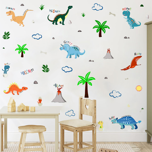 En uppsättning dinosaurier, djur, moln, växter väggdekaler