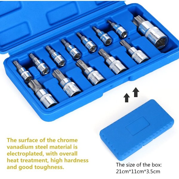 13 stk. Torx topnøglesæt, T8 - T70 topnøglesæt, hun-Torx toppe, Torx bit topnøglesæt, krom vanadium stål 1/4\", 3/8\" og 1/2\" drev