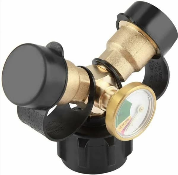 Propane-sovitin, messinkinen Y-liitin T-sovitin mittarilla