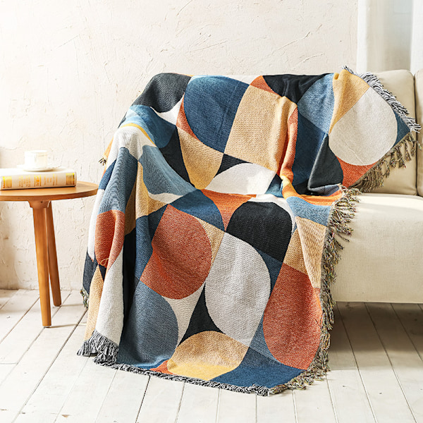 Beige Bohemian Soffa Överkast Filtar Etnisk Vävda Boho Geometrisk Flerfärgad Blå och Orange Överkast för Soffa Aztec Säng Överkast Överdimensionerad Stol Soffa