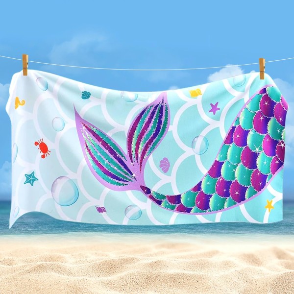 Havfrue strandhåndklæde, 70 x 150 cm mikrofiber strandtæppe, hurtigtørrende bad