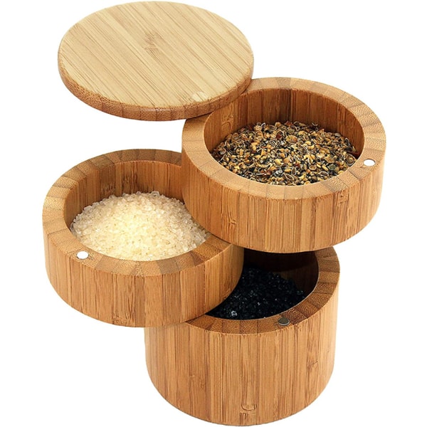 All-Bamboo Tre-trinns Saltbøsse, Kjøkken Salt Pepper Oppbevaringsboks med Magnetisk Svinglokk, Klaff Krydderboks