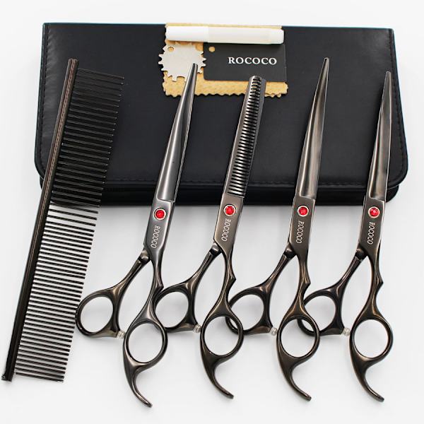 1 sett 7.0in Titanium Profesjonelle Hundestell Saks Sett, Strett & Tynning & Buet Saks 4stk Sett for Hundestell (Blank Svart)