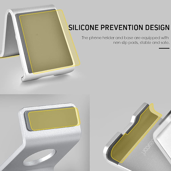 Minitelefonstativ, telefonstativ bordsuniversiellt aluminium och silikon bärbart smartphone-stativ bord kompatibelt med iPhone, Galaxy, Mate etc (Silver)