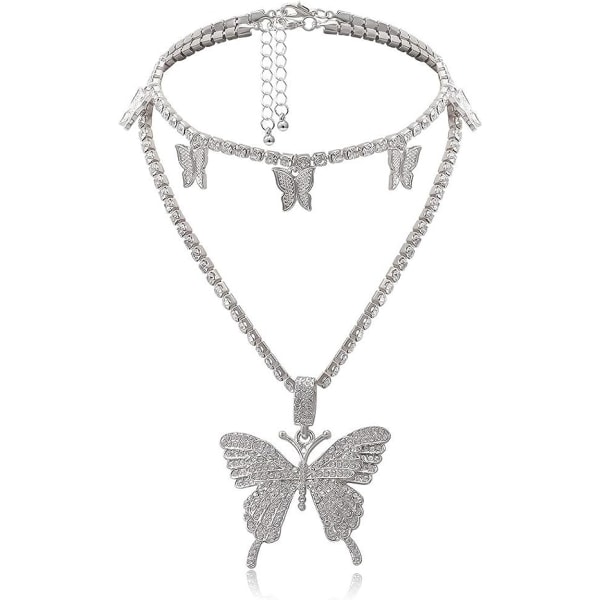 Butterfly Choker halsband underbara 2 lager Crystal hänge hals