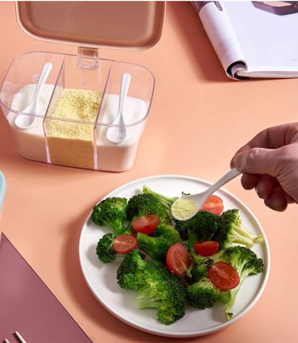1 förpackning med lock plast kryddbox transparent tre rutnät hav