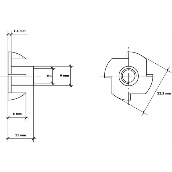 T-mutteri Kynsimutteri Kuusiomutteri Kynsikytkin M8 x 10 mm 50 kpl