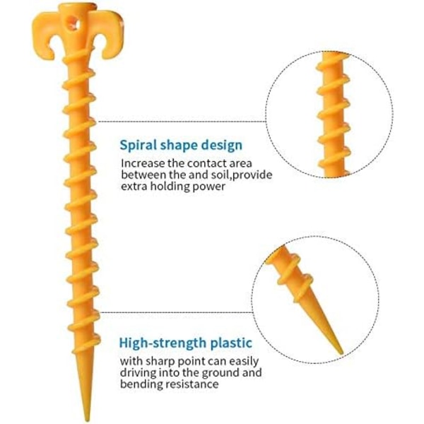 20 stk. Plastik Teltsøm, 20 cm Plastik Teltsøm med Krog Hård Jordspidser til Camping Markiser, Regnpresenninger, Have (Gul)